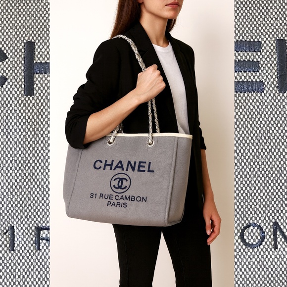 Woven Canvas Large Deauville Tote Blue Gray & Cream. NWT. - Picture 1 of 7